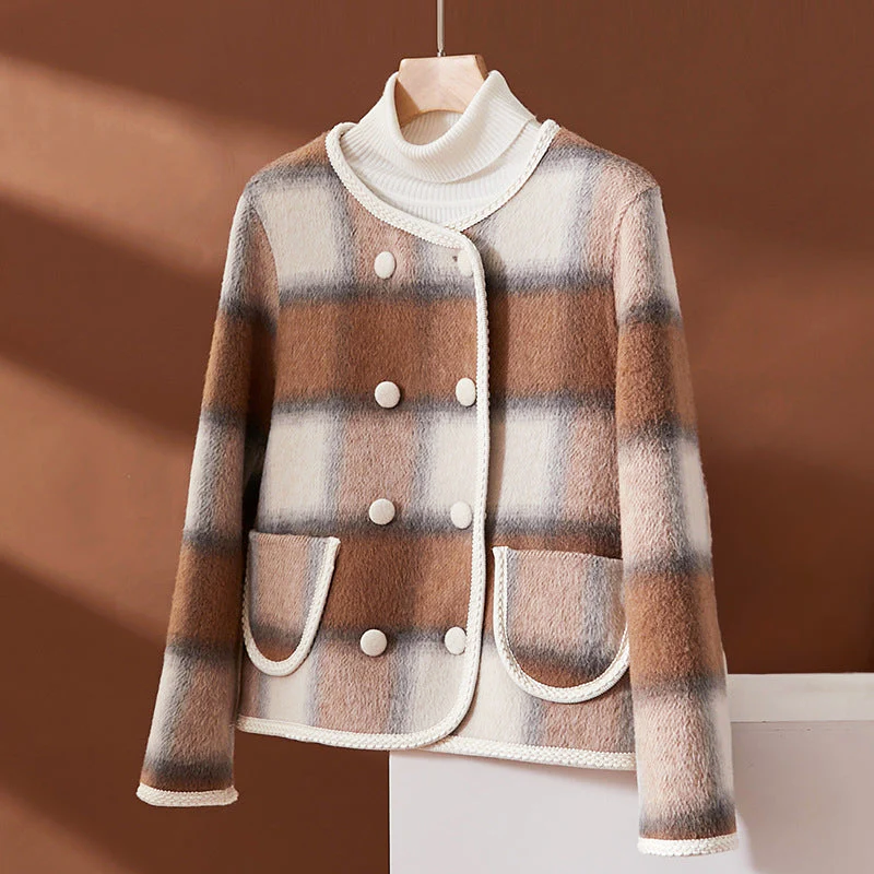 Women's green brown black plaid wool blend jacket tailored fit with contrast trim short length