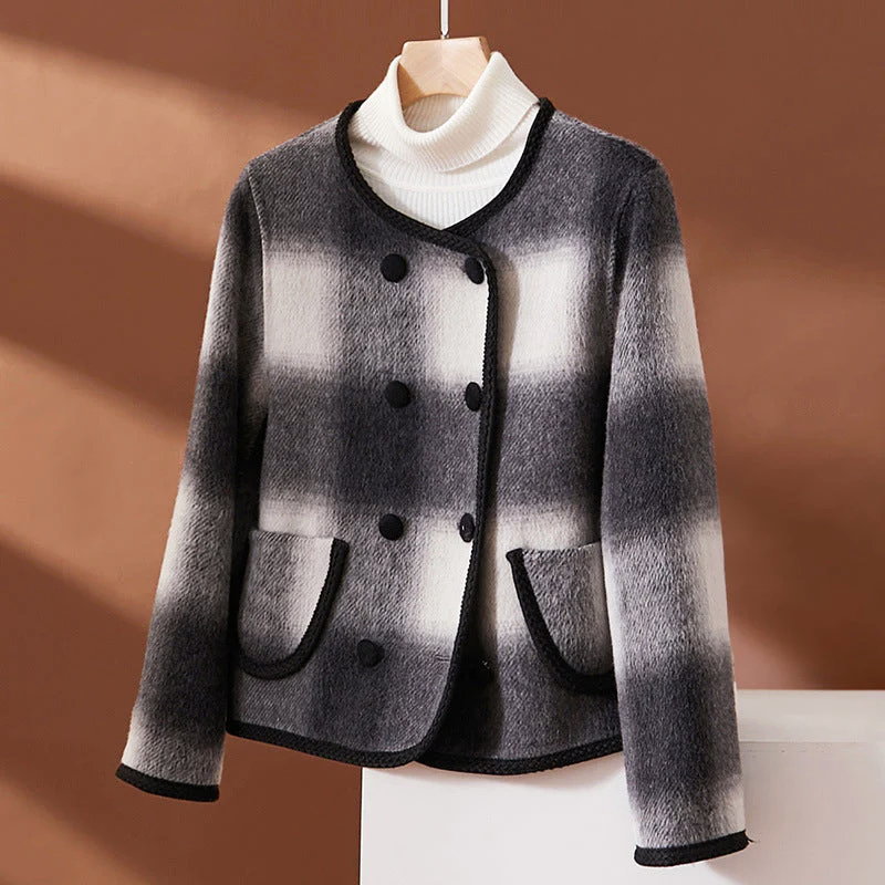 Women's green brown black plaid wool blend jacket tailored fit with contrast trim