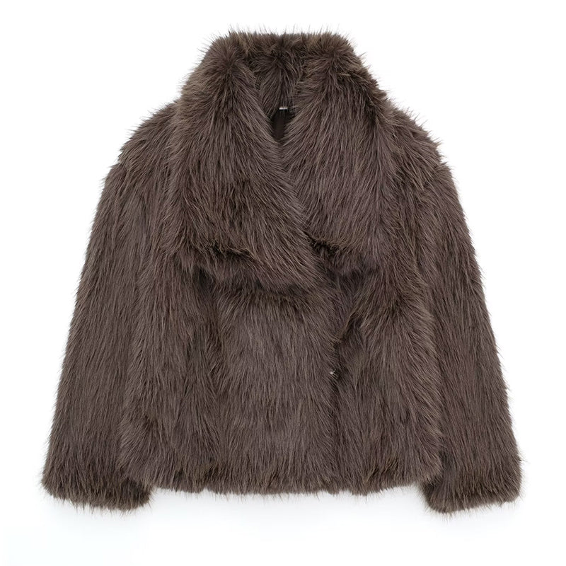 Women's short faux fur coat with oversized collar, cream white, relaxed luxe silhouette