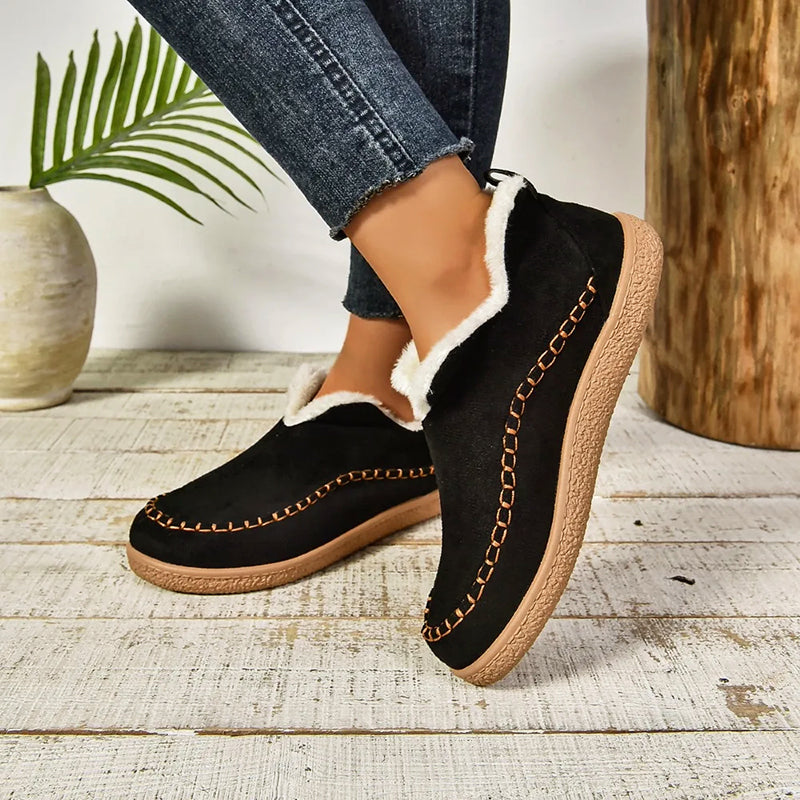 Women's slip-on faux suede boots with plush lining, casual chic style for cozy all-day comfort