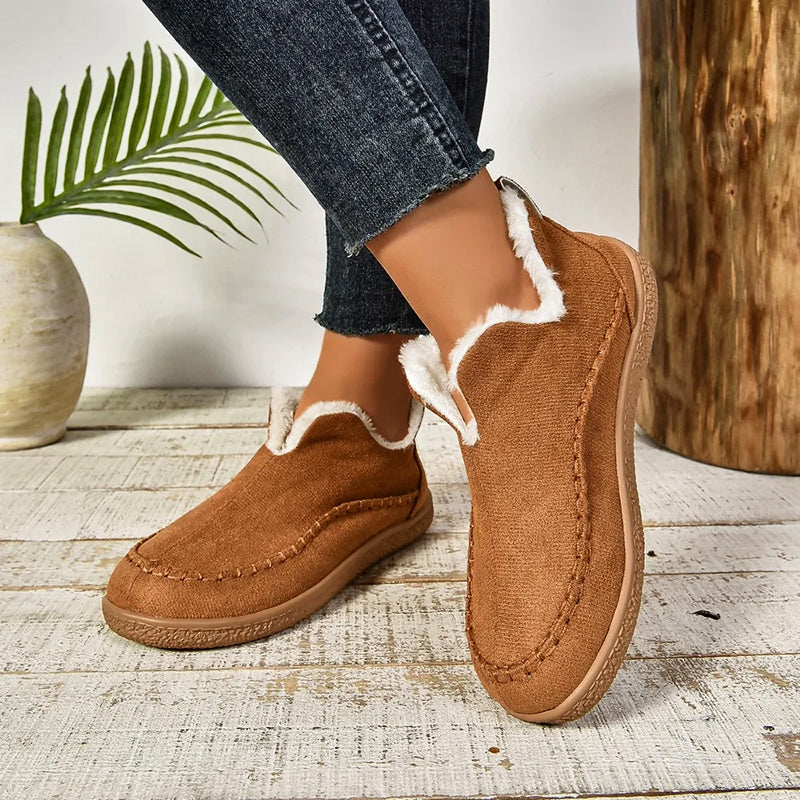 Women's slip-on faux suede boots with plush lining, casual style, cozy all-day comfort