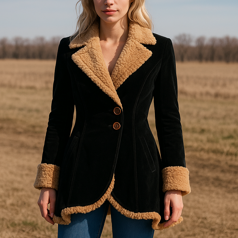 Women's tailored faux suede coat, fitted waist, wide lapel collar with plush faux fur trim
