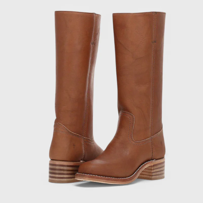 Women's black faux leather knee-high western boots with square toe and stacked heel