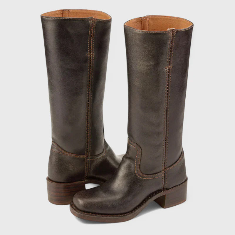 Women's black faux leather knee-high western boots with square toe and stacked heel