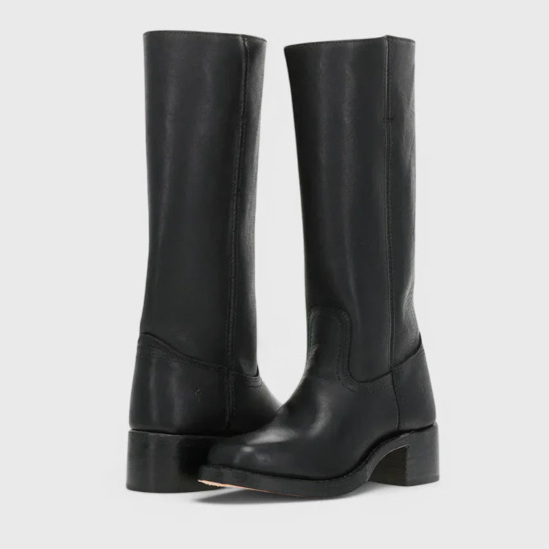 Women's black faux leather knee-high western boots with square toe and stacked heel