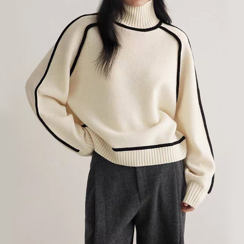 Women's relaxed-fit turtleneck knit sweater with contrast trim, dropped shoulders, everyday chic style