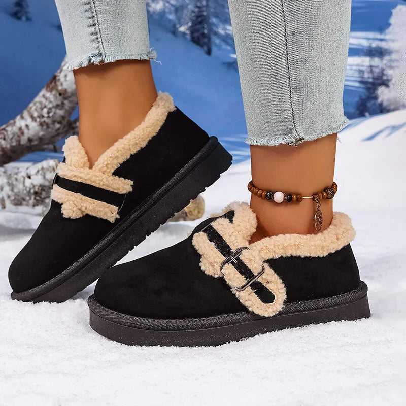 Women's suede slip-on shoes with sherpa faux fur lining, cozy winter style, easy-on design