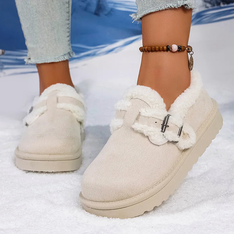 Women's sherpa-lined suede slip-on shoes in warm tones, cozy faux fur interior, easy-on winter style