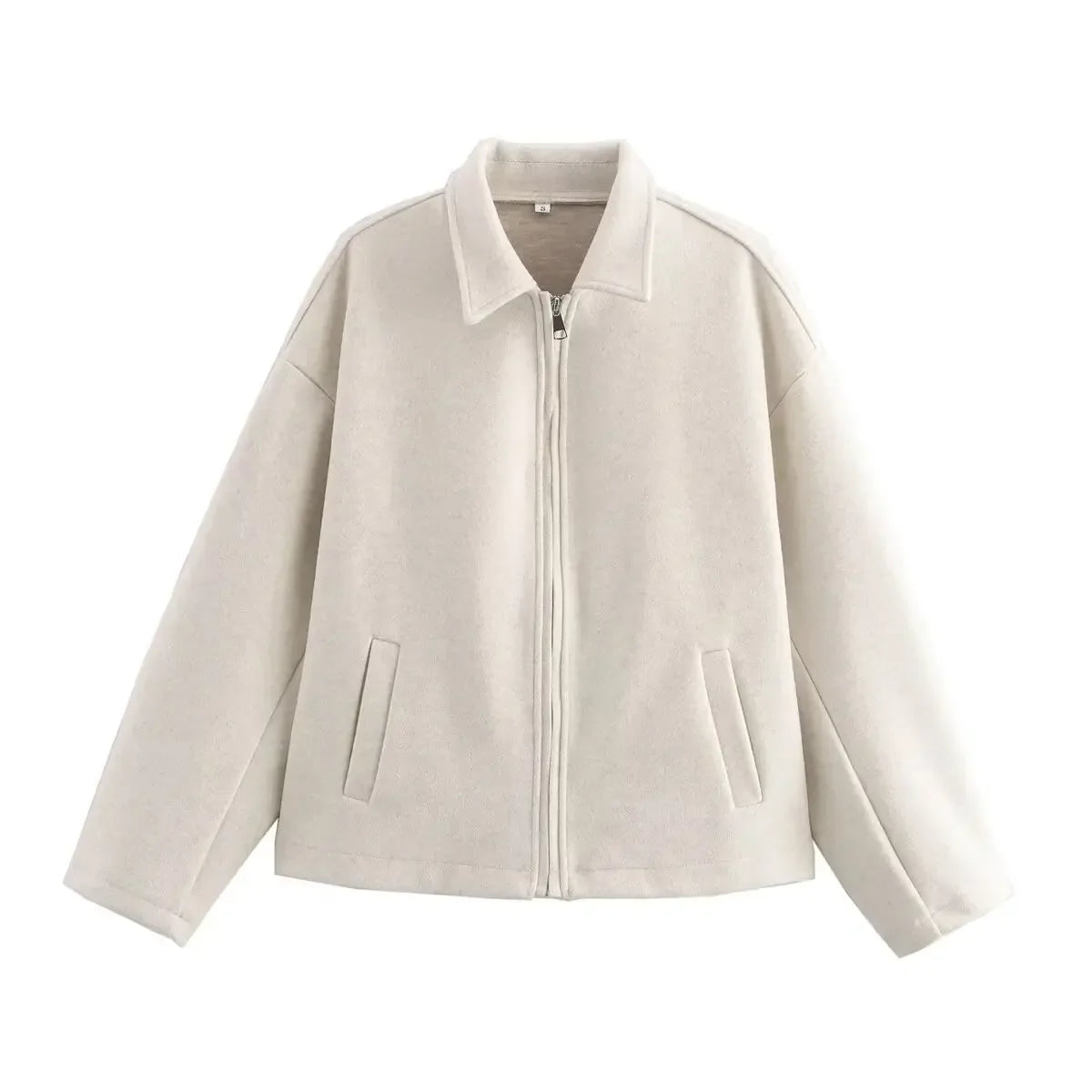Women's wool blend jacket with zipper collar, relaxed boxy fit, warm everyday outerwear