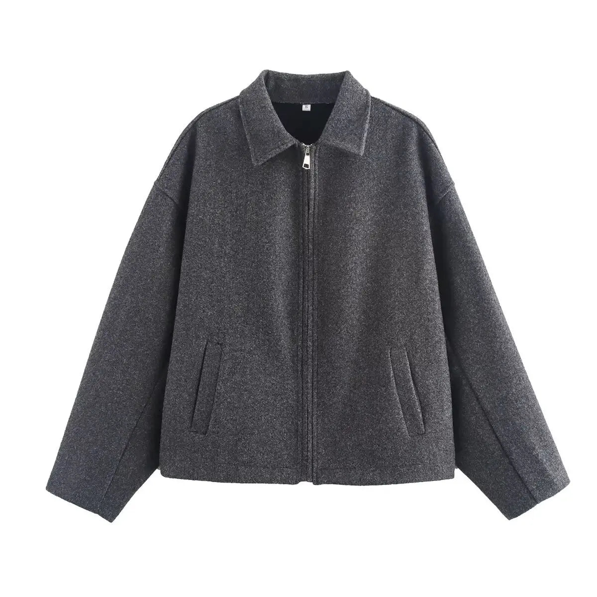 Women's wool blend relaxed fit jacket with zipper collar in neutral tone for everyday style