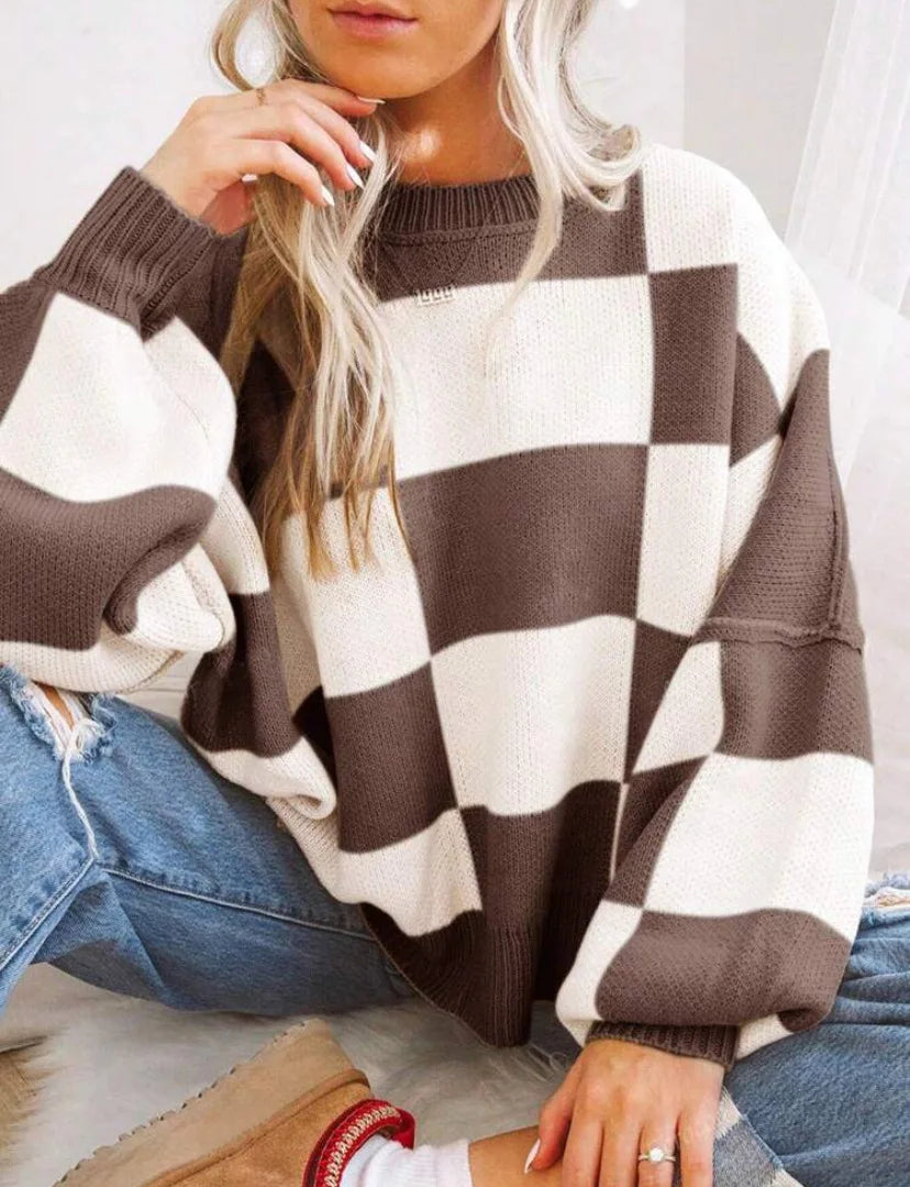 Women's oversized checkerboard knit sweater two-tone block pattern cozy relaxed fit for layering