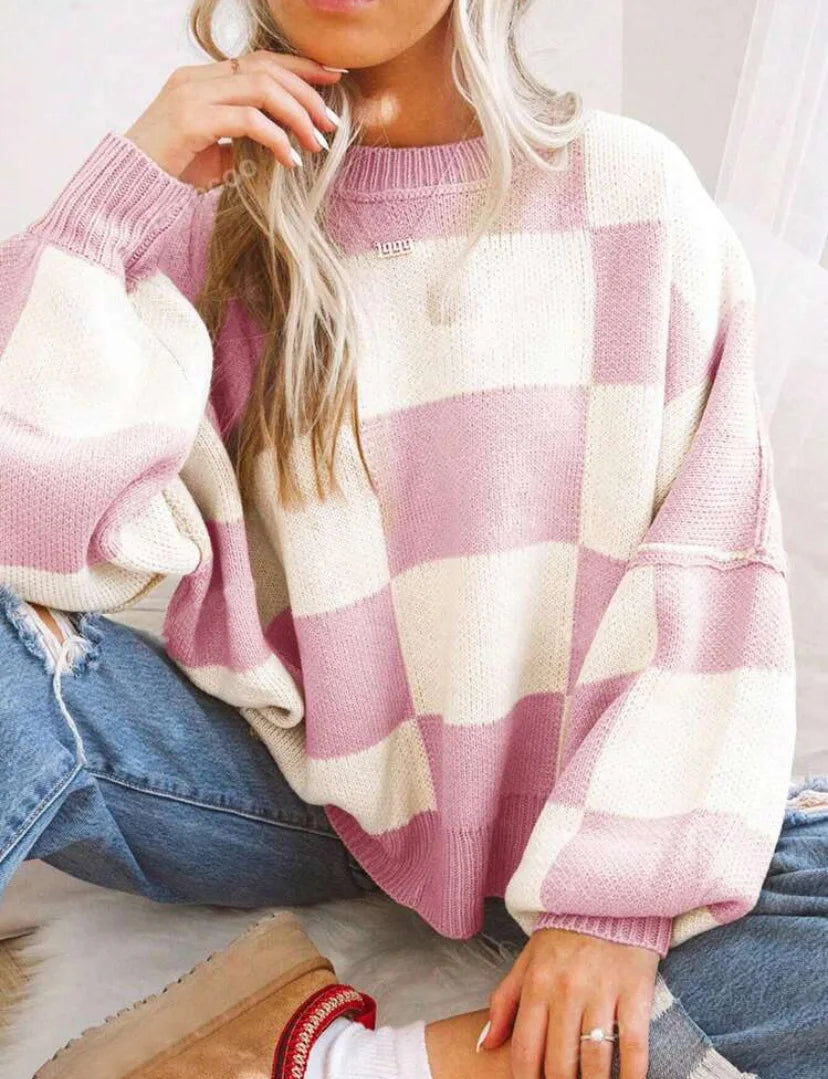 Women's oversized checkerboard knit sweater two-tone block pattern cozy relaxed fit for layering