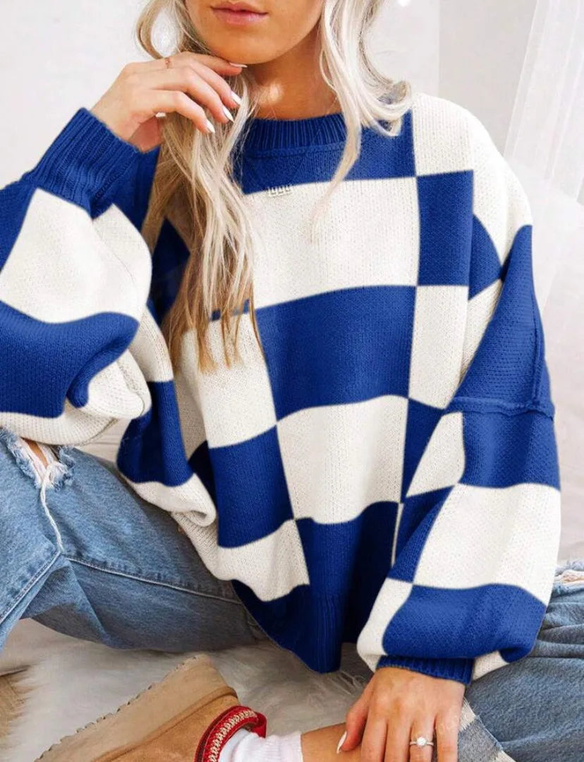 Women's oversized checkerboard knit sweater two-tone block pattern cozy relaxed silhouette for layering