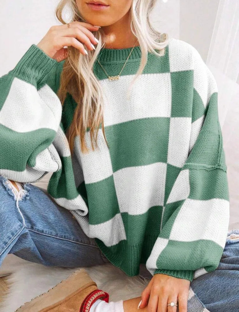 Women's oversized checkerboard knit sweater two-tone block pattern cozy relaxed fit for layering