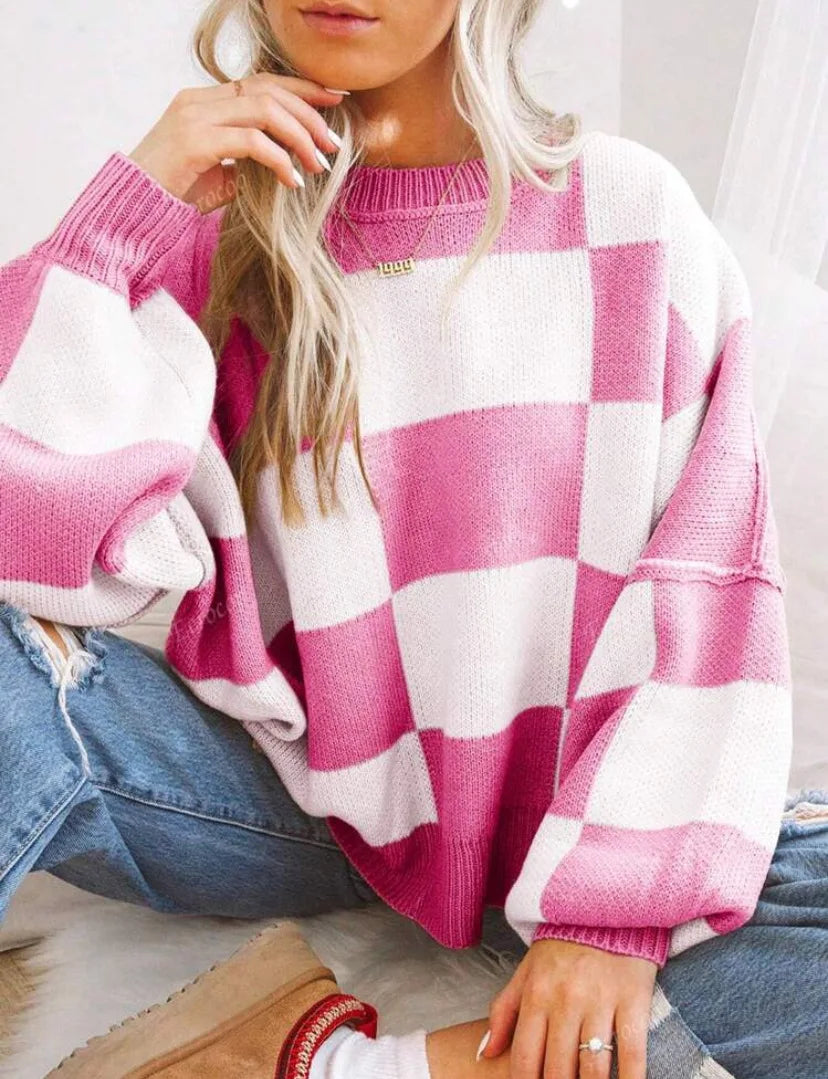 Women's checkerboard knit sweater oversized relaxed fit two-tone block pattern cozy layering staple