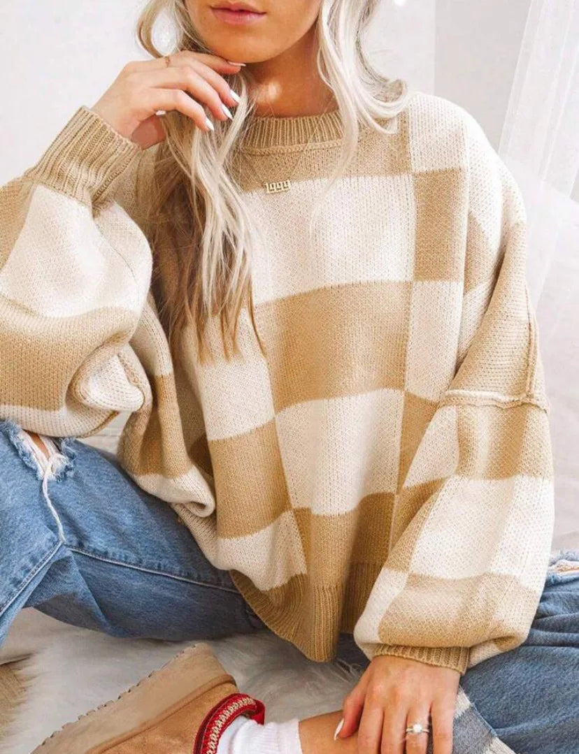 Women's checkerboard knit sweater oversized relaxed fit two-tone block pattern cozy layering staple