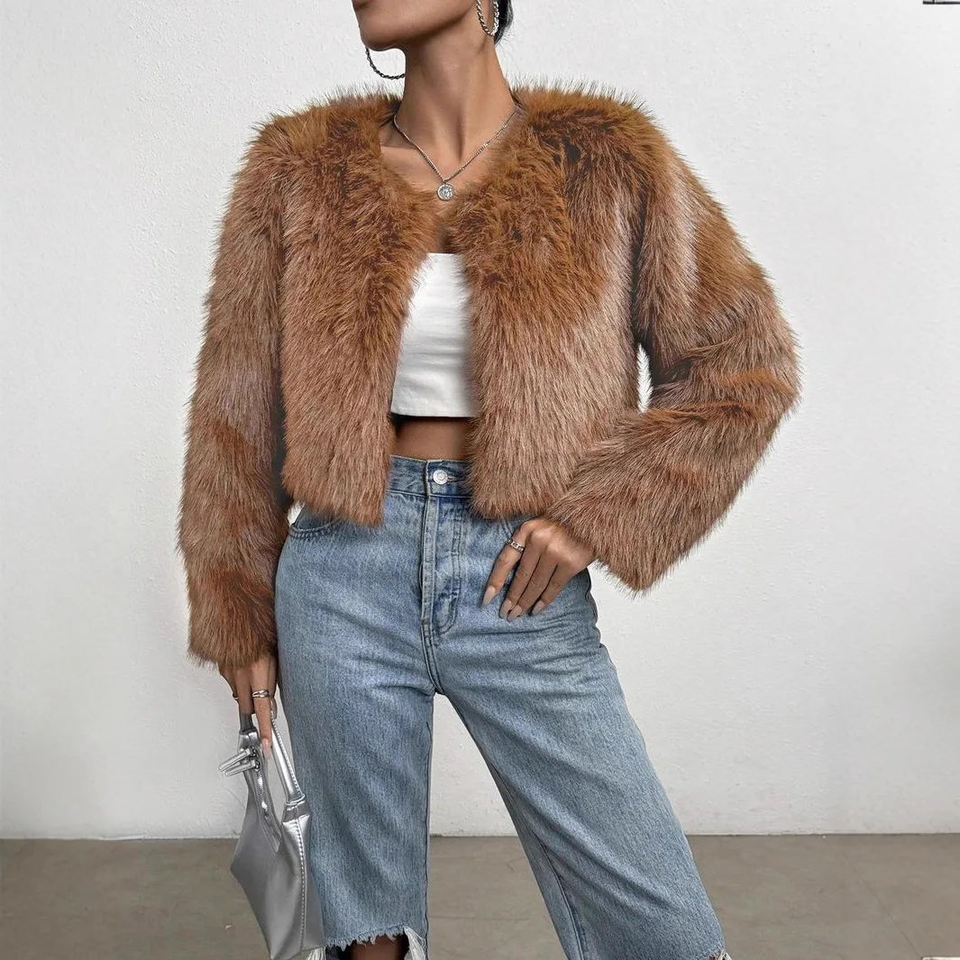 Women's faux fox fur cropped boxy open-front coat with plush texture for glamorous evenings