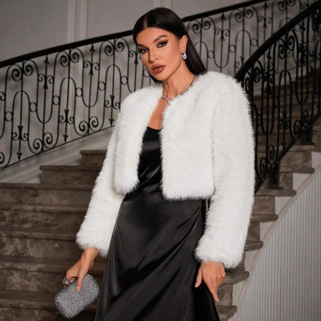 Women's faux fox fur cropped boxy coat open front plush texture glamorous evening wear