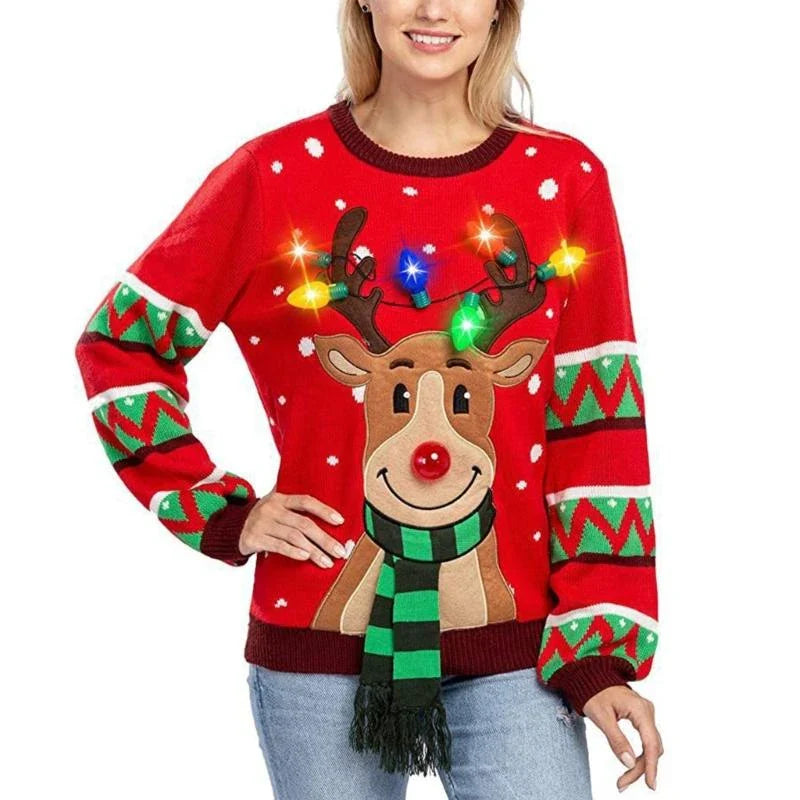 Women's LED light-up Christmas sweater with 3D reindeer applique and twinkling antlers, festive holiday style