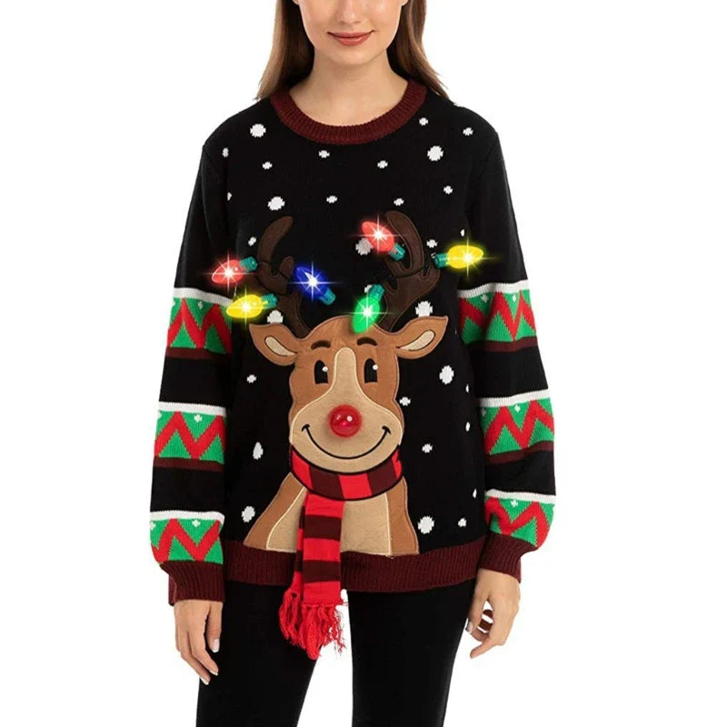 Women's LED light-up Christmas sweater with 3D reindeer applique and twinkling antlers, festive holiday knit