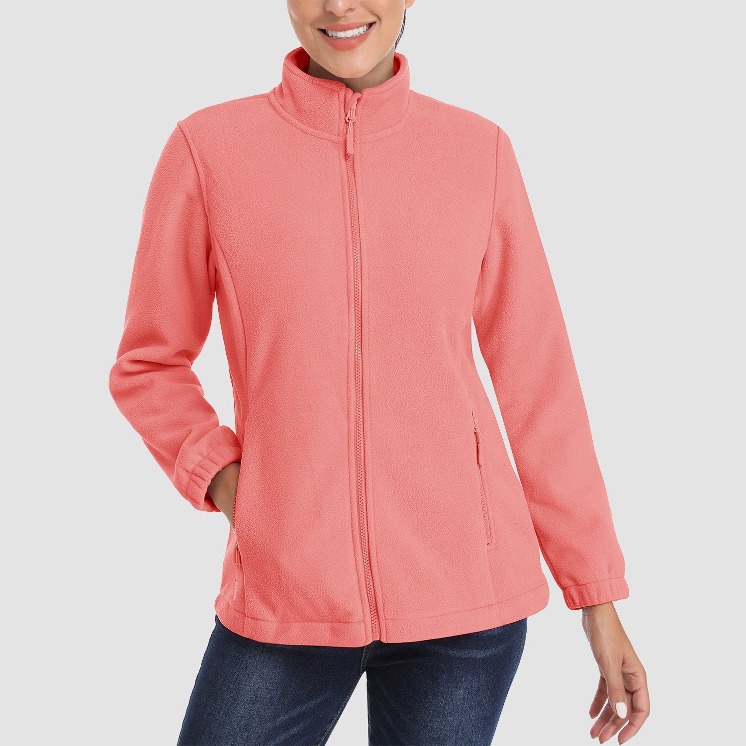 Women's windproof fleece jacket stand collar full-zip with pockets, soft polyester warm outdoor layer