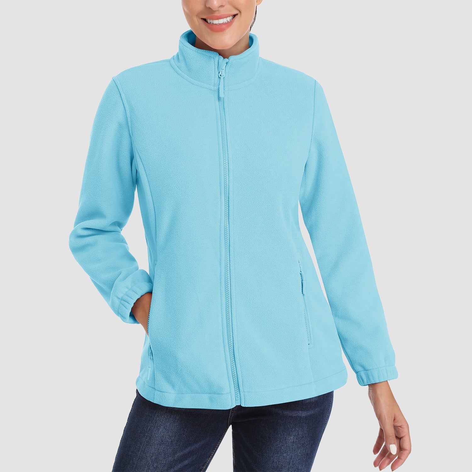 Women's windproof fleece jacket stand collar full-zip with pockets, soft cozy outdoor layer