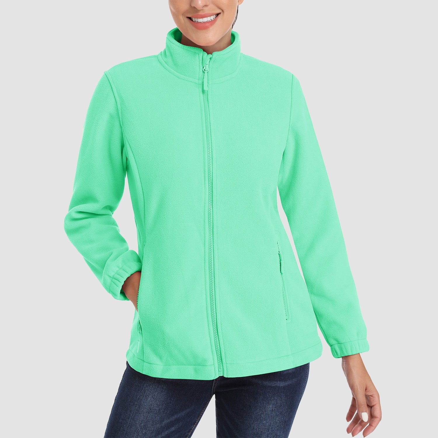 Women's windproof fleece jacket stand collar full-zip cozy polyester outdoor layer