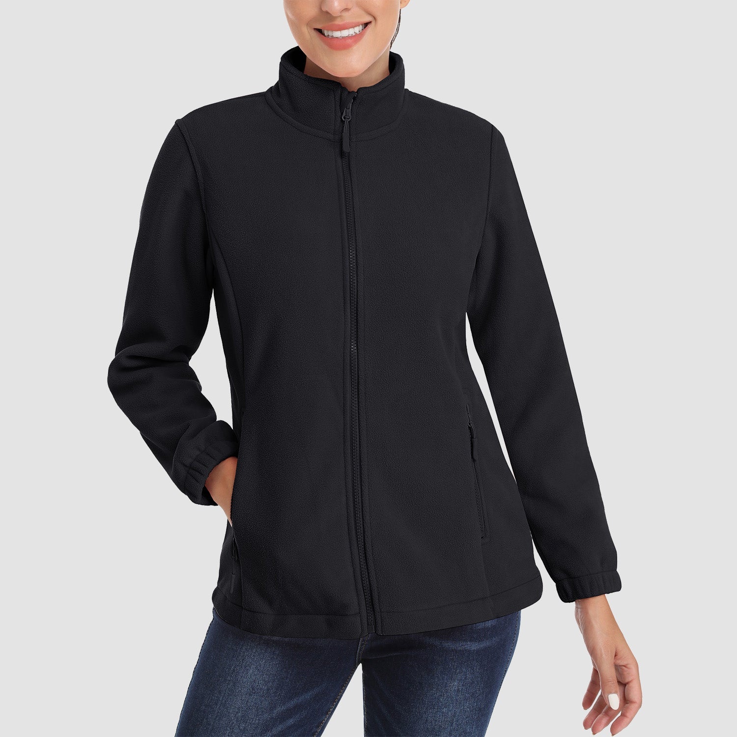 Women's windproof fleece jacket stand collar full-zip with pockets for outdoor warmth