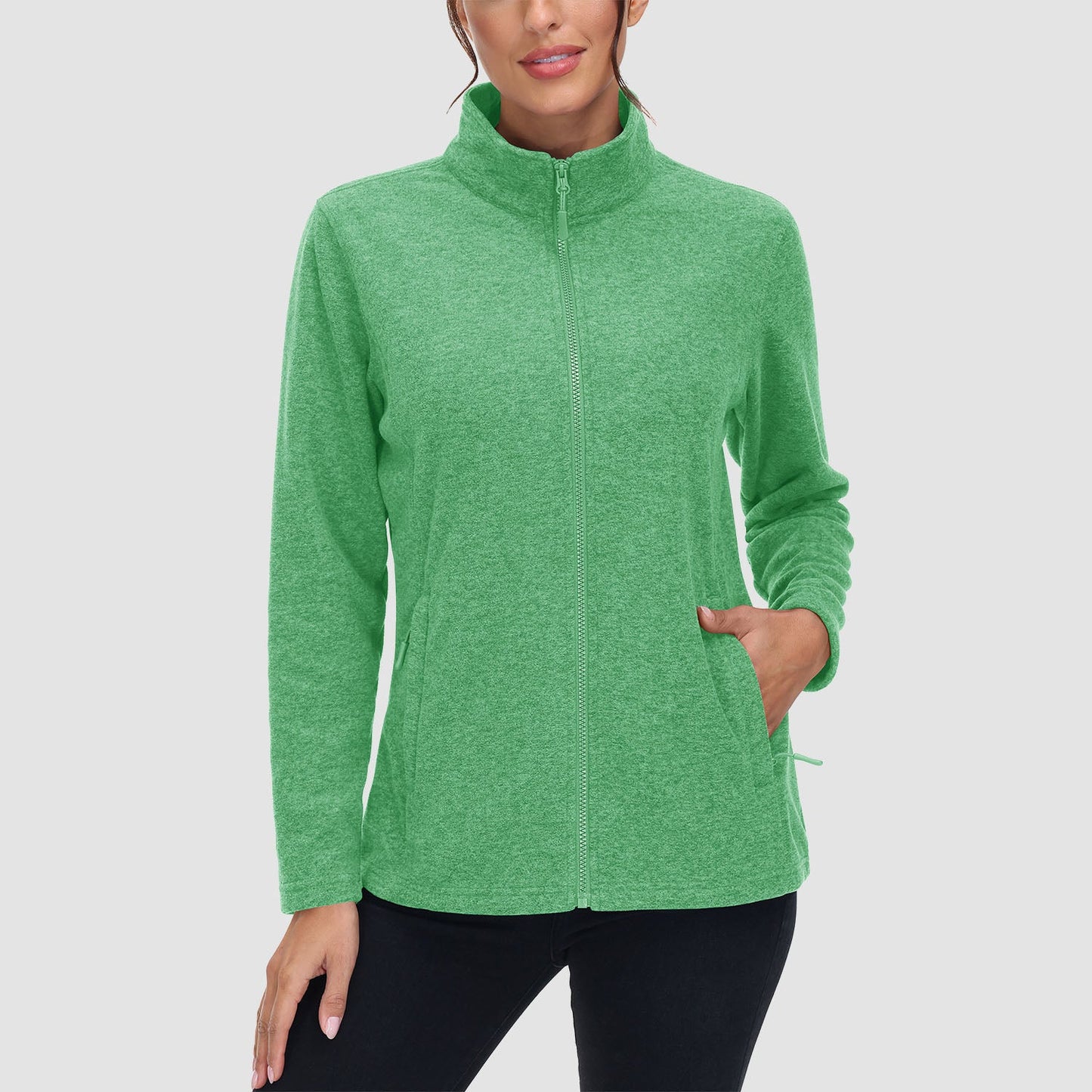 Women's full-zip fleece jacket stand collar two zip pockets wind-blocking warmth layering piece