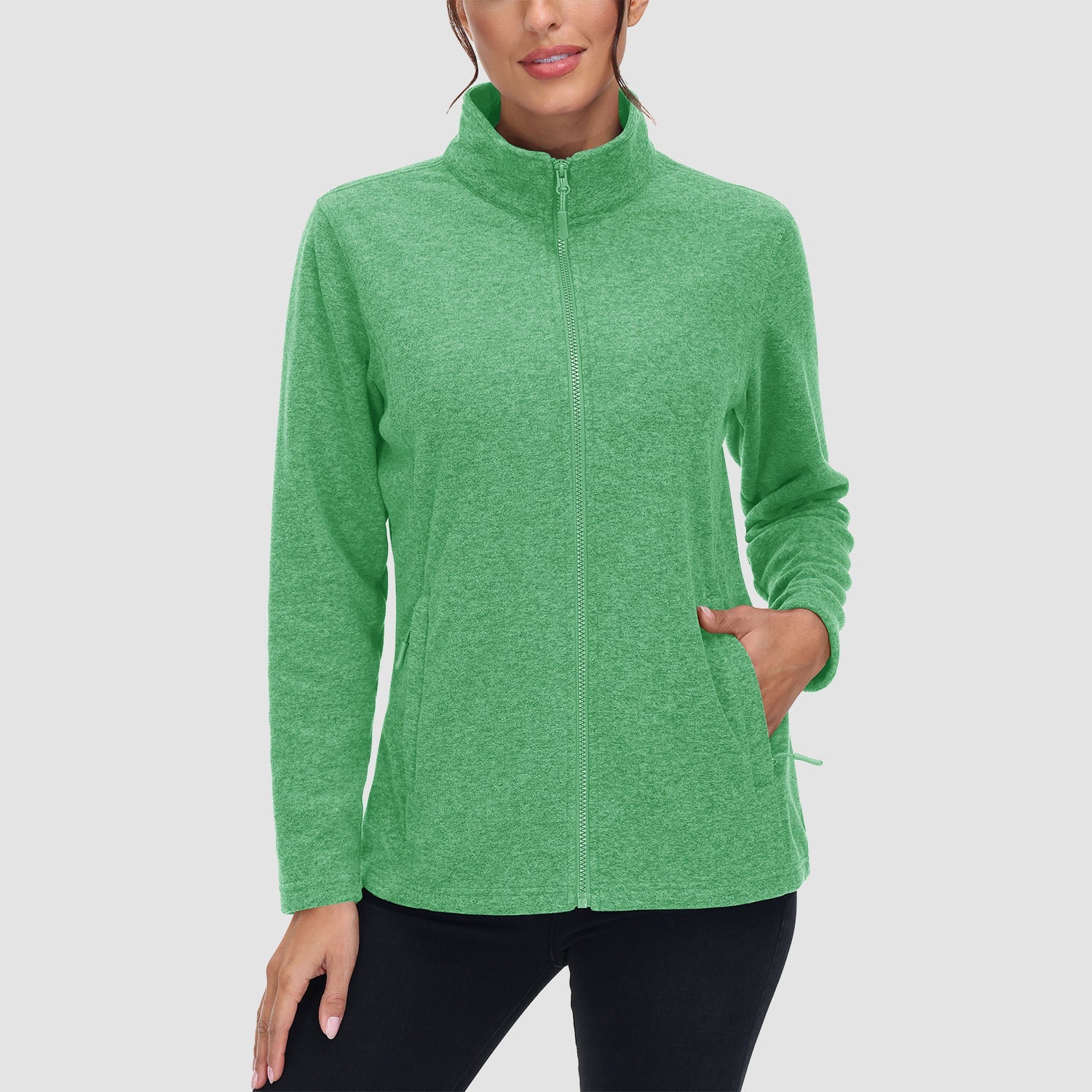 Women's full-zip fleece jacket stand collar two zip pockets wind-blocking warmth layering piece