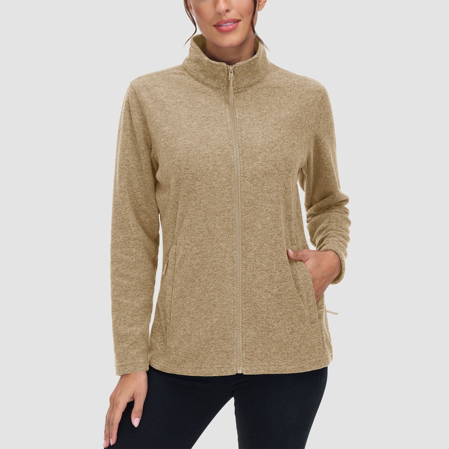 Women's full zip fleece jacket stand collar two zip pockets wind-blocking warmth layering piece