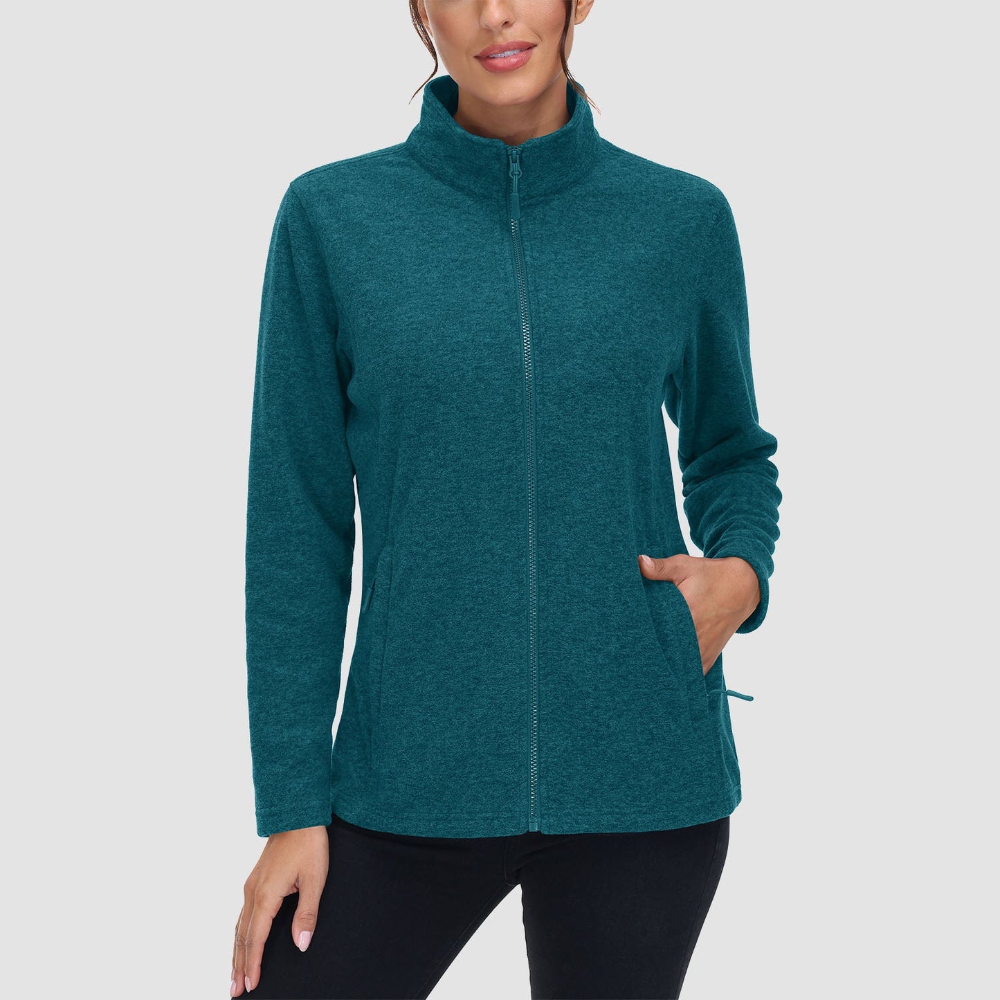 Women's full zip fleece jacket stand collar two zip pockets wind-blocking warmth layering piece