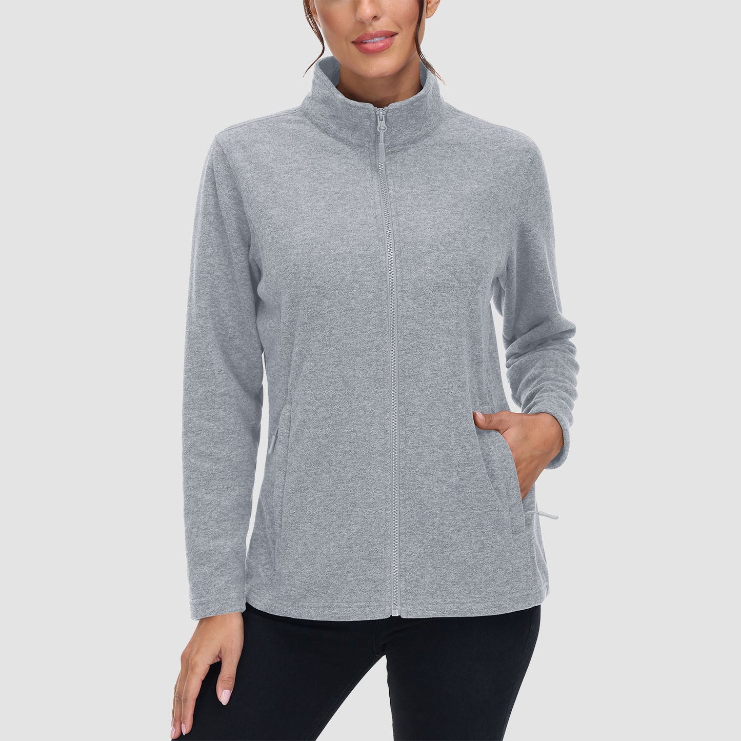 Women's full zip fleece jacket stand collar two zip pockets wind-blocking warmth layering piece