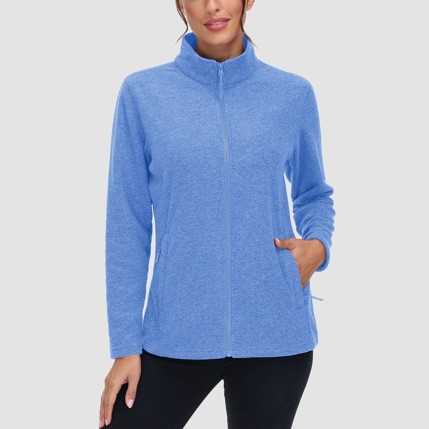 Women's full zip fleece jacket stand collar two zip pockets wind blocking warmth layering piece