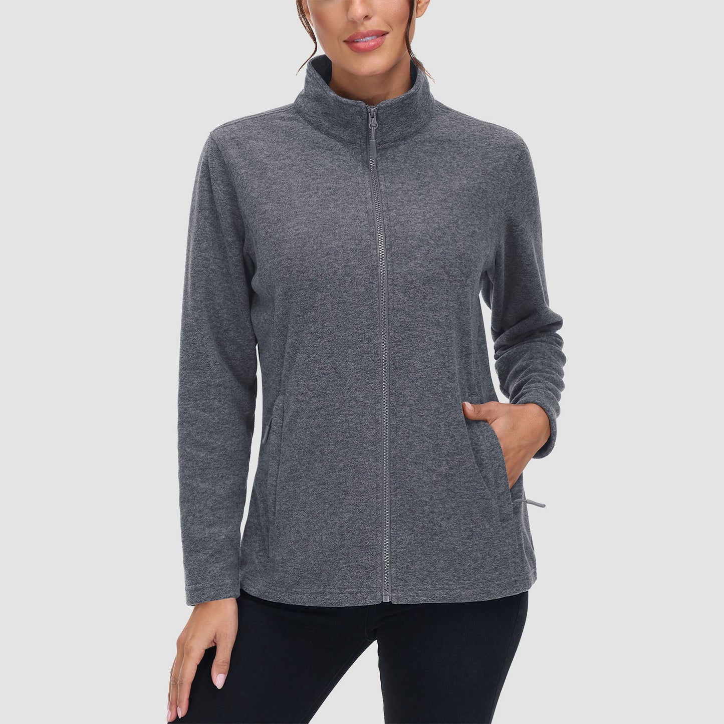 Women's full zip fleece jacket stand collar two zip pockets wind-blocking warmth layering piece
