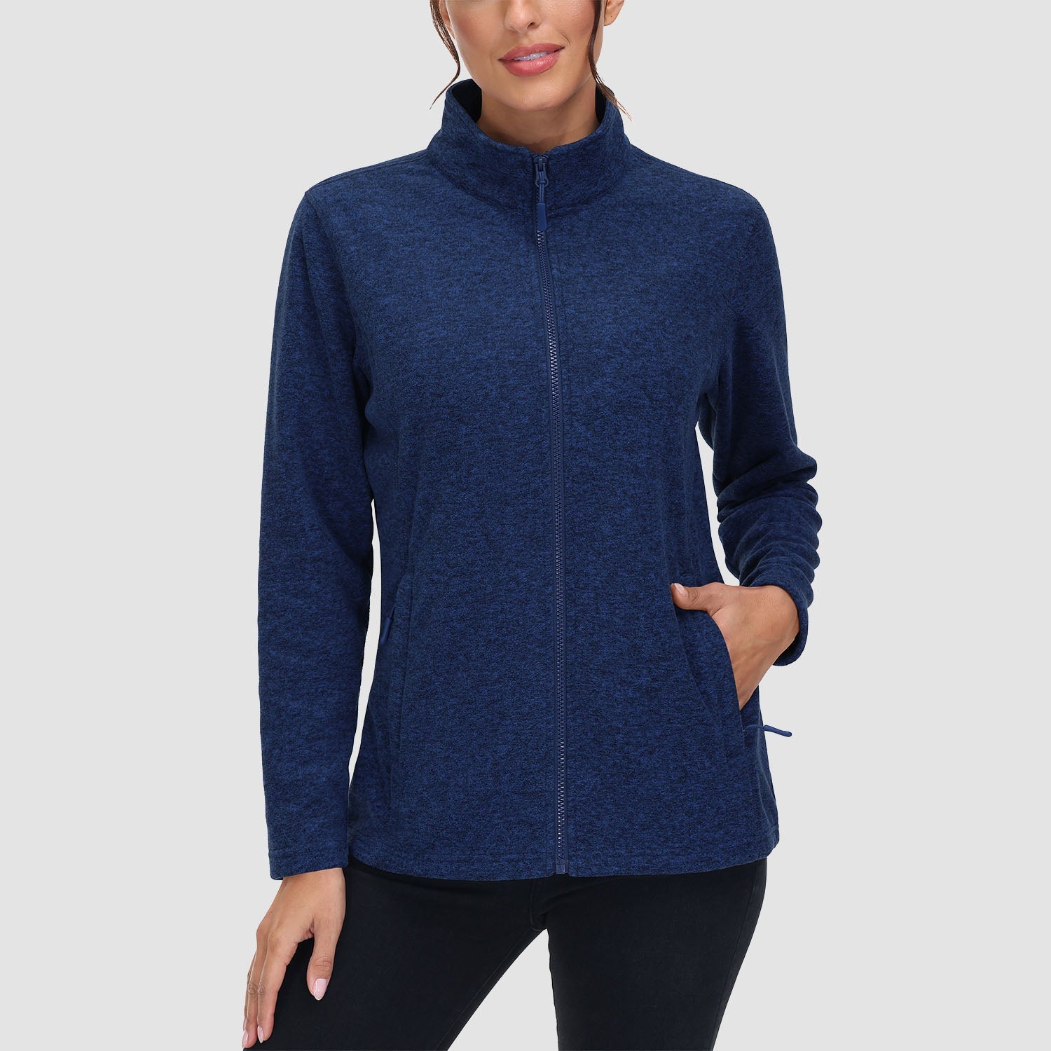 Women's full zip fleece jacket stand collar two zip pockets wind-blocking warmth layering piece