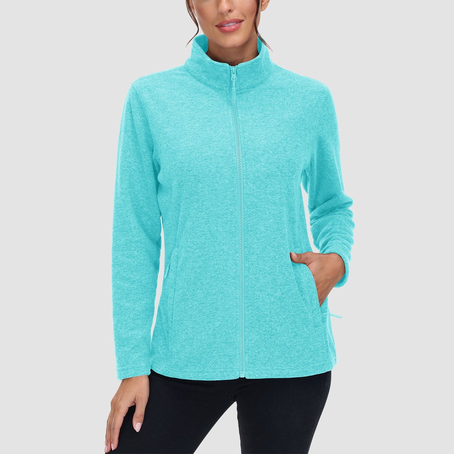 Women's full zip fleece jacket stand collar two zip pockets wind blocking warm layering piece