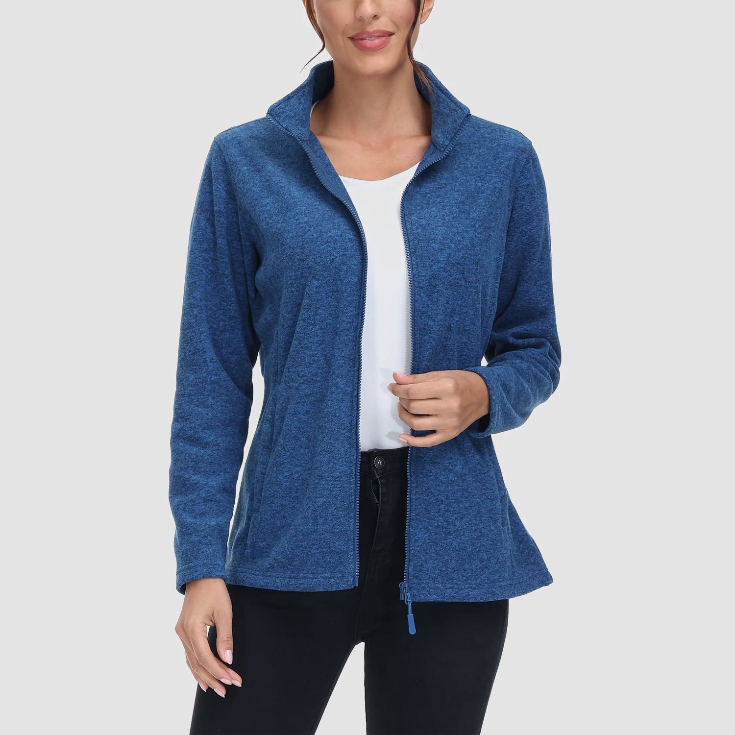 Women's full-zip fleece jacket stand collar two zip pockets wind-blocking warmth layering piece
