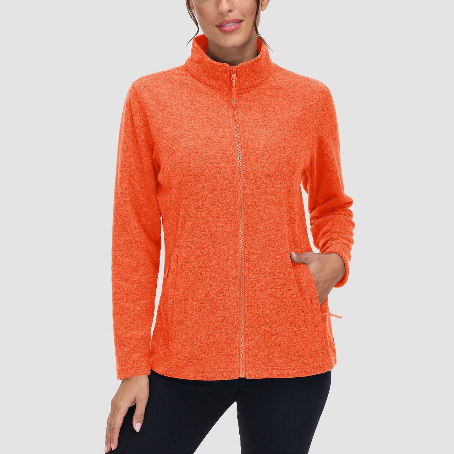 Women's full zip fleece jacket stand collar two zip pockets wind blocking warm layering piece