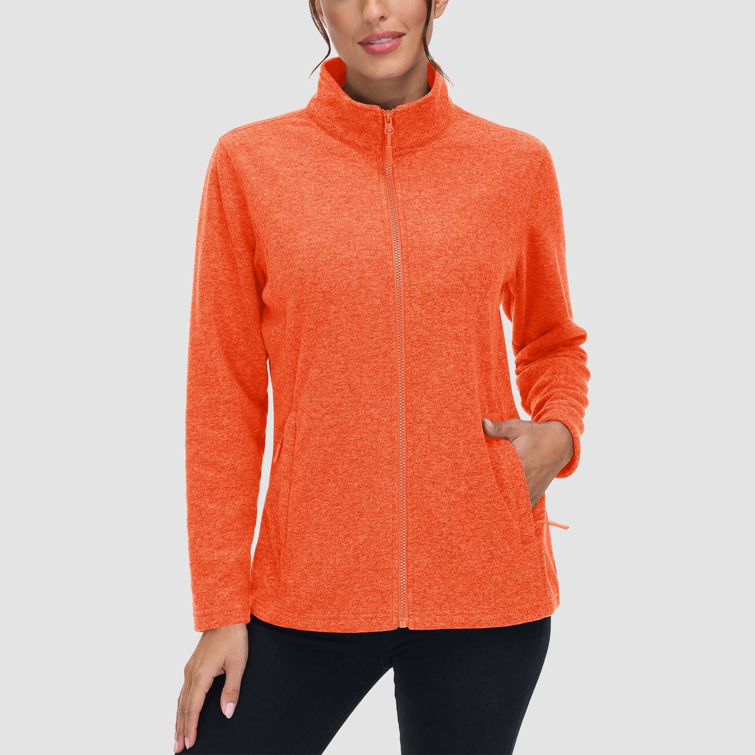 Women's full zip fleece jacket stand collar two zip pockets wind blocking warm layering piece
