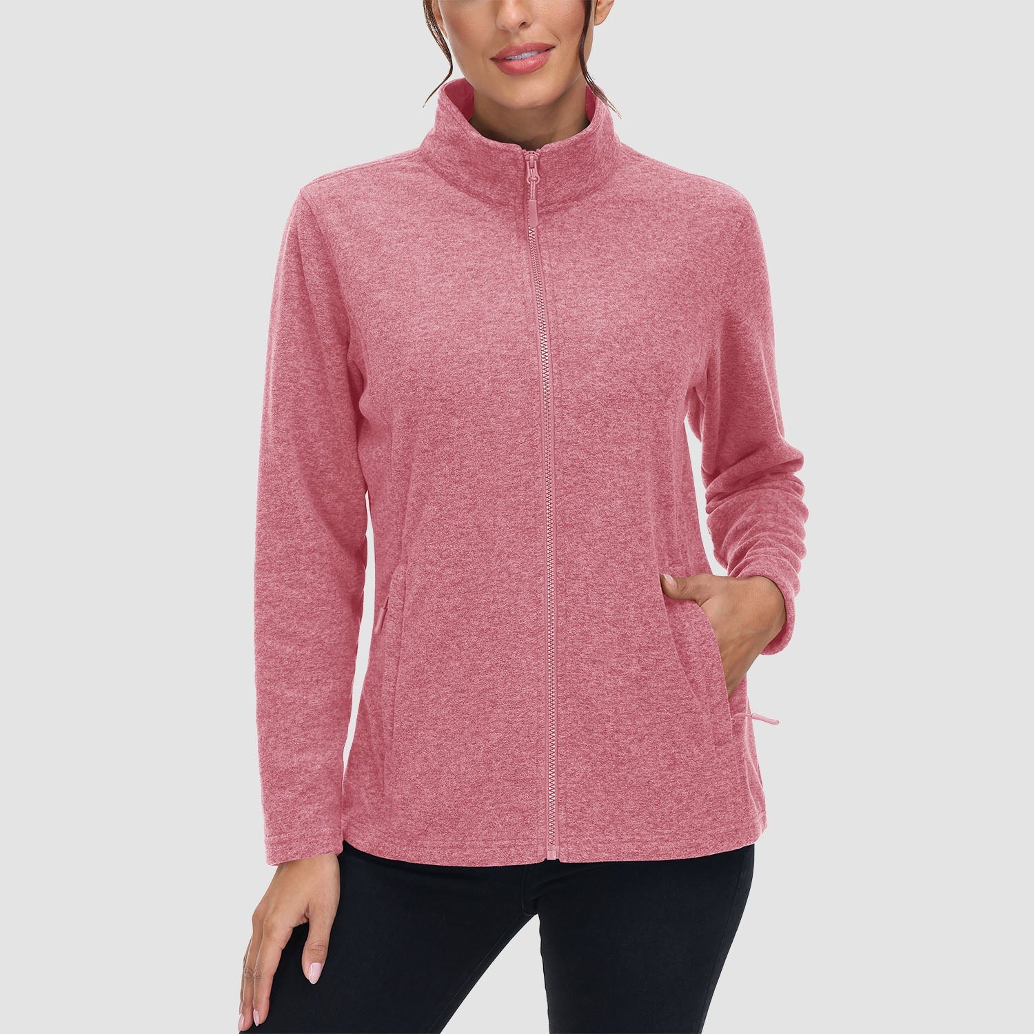 Women's full zip fleece jacket stand collar two zip pockets wind blocking warm layering piece