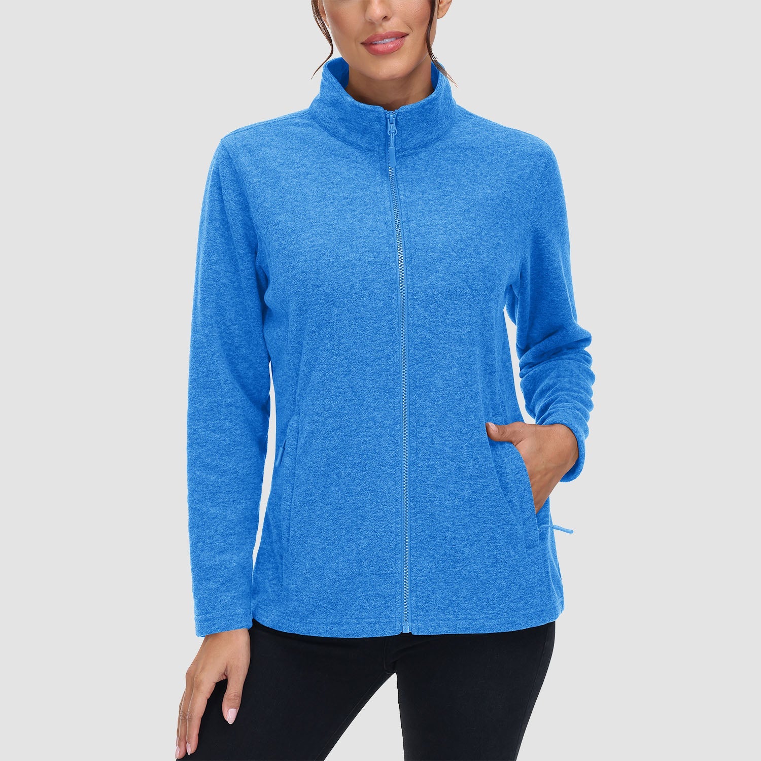 Women's full-zip fleece jacket stand collar two zip pockets wind-blocking warmth layering piece