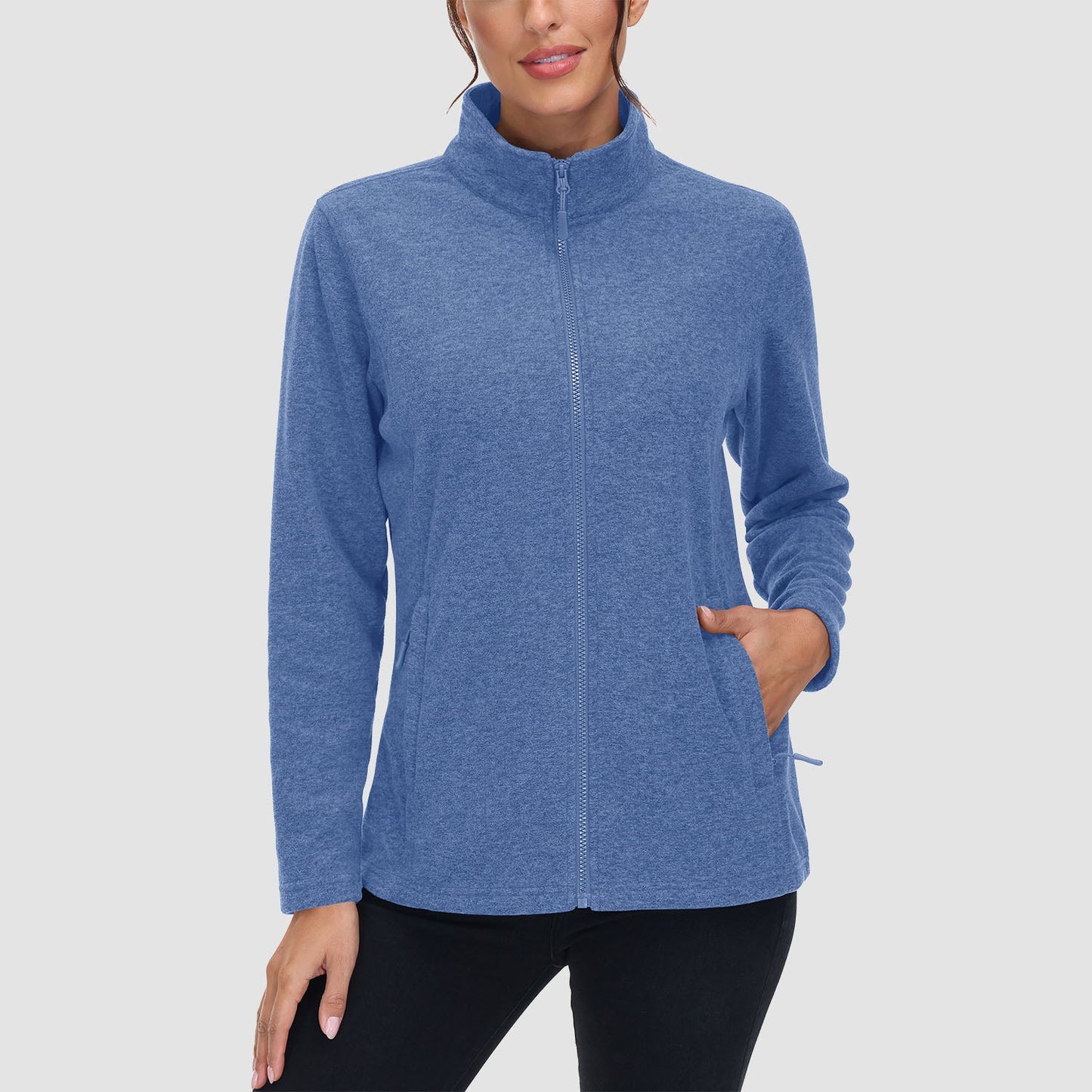 Women's full-zip fleece jacket stand collar two zip pockets wind-blocking warmth layering outdoor