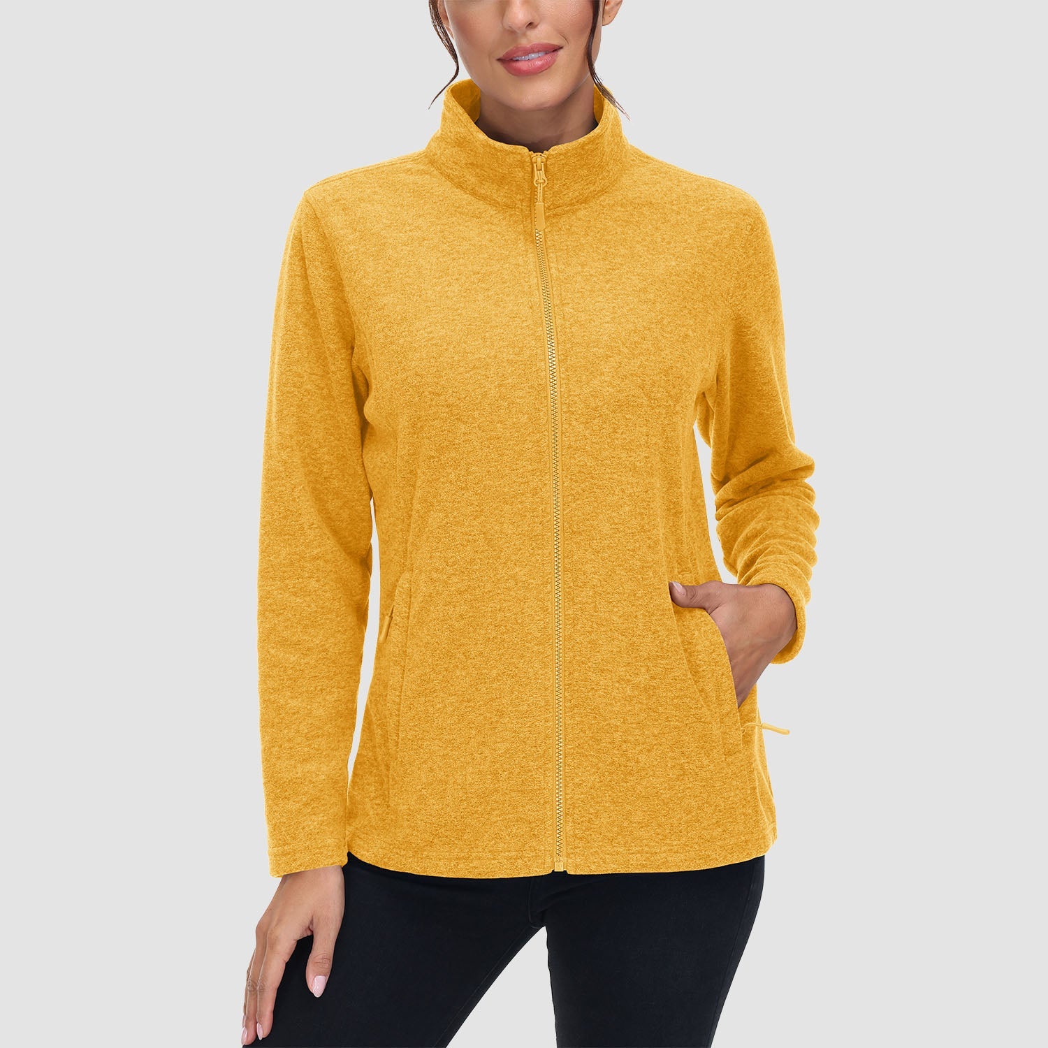 Women's full-zip fleece jacket stand collar two zip pockets wind-blocking warmth layering piece