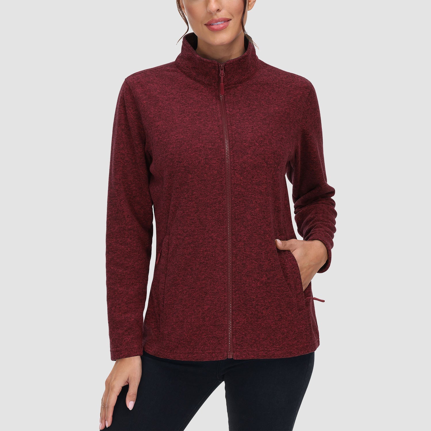 Women's full zip fleece jacket stand collar two zip pockets wind blocking warm layering coat