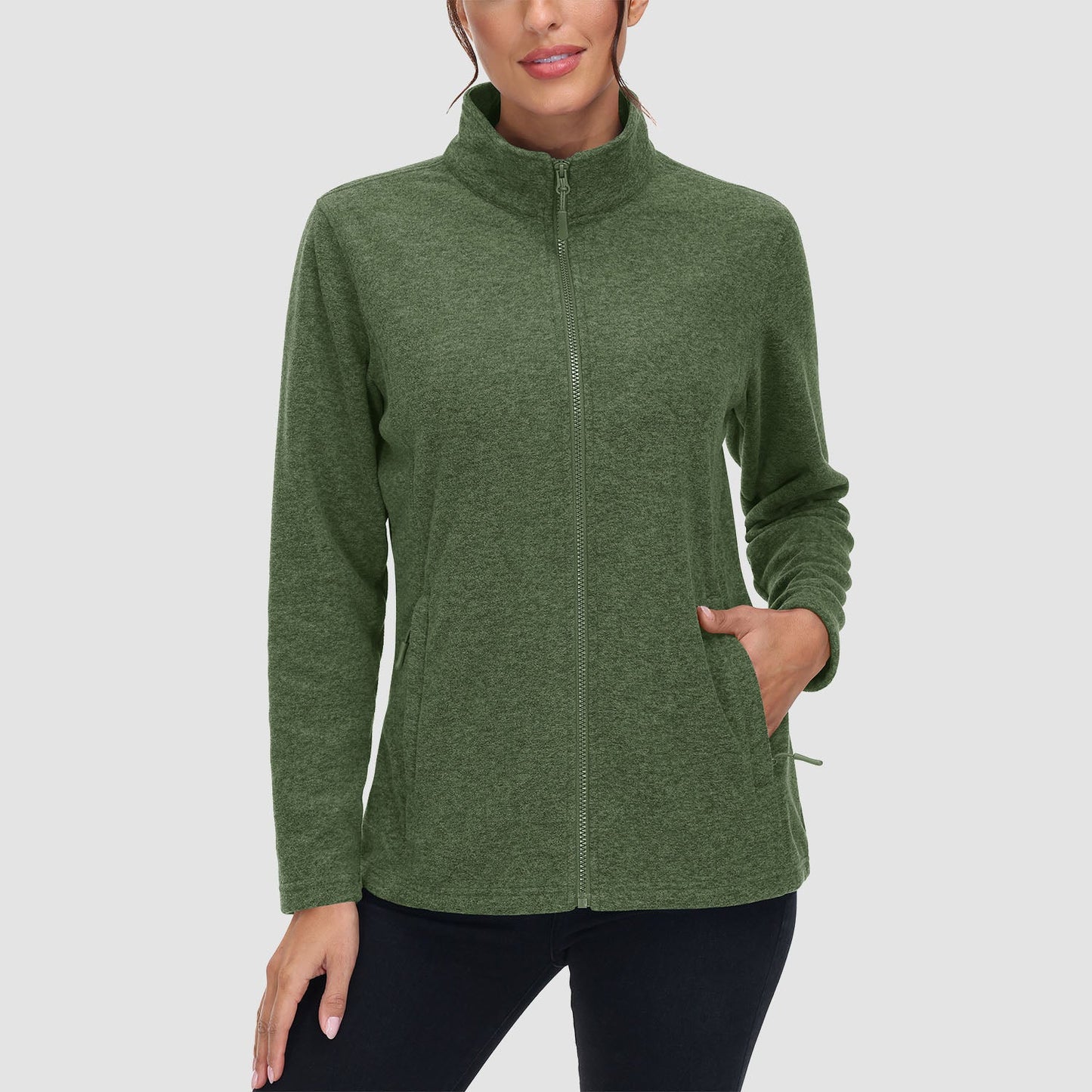 Women's full-zip fleece jacket stand collar two zip pockets wind-blocking warmth layering piece