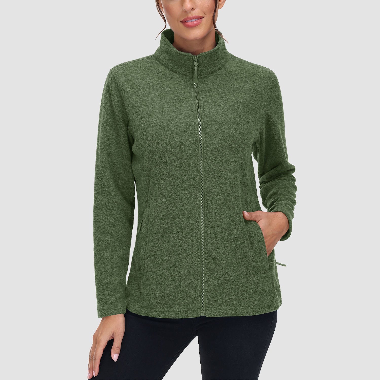 Women's full-zip fleece jacket stand collar two zip pockets wind-blocking warmth layering piece