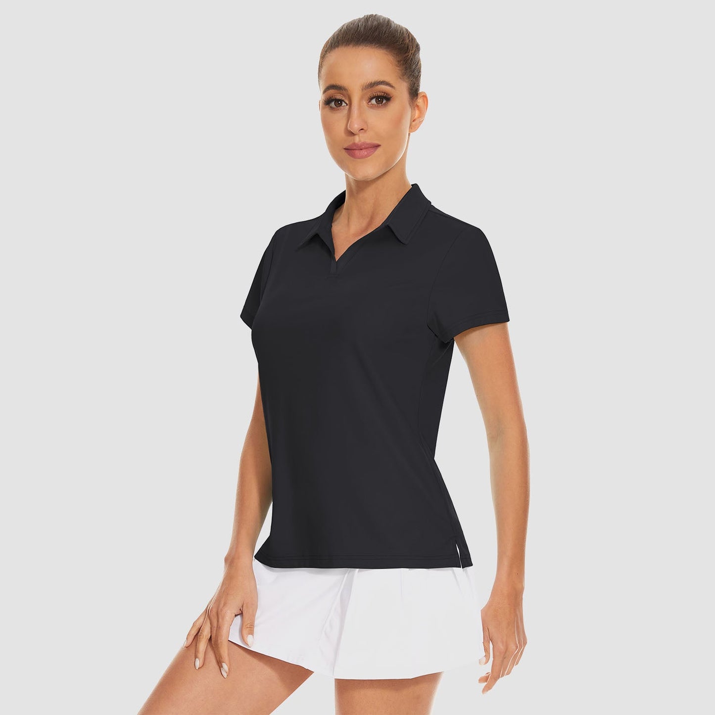 Women's golf polo shirt light blue V-neck collar UPF 50+ quick-dry 4-way stretch slim fit