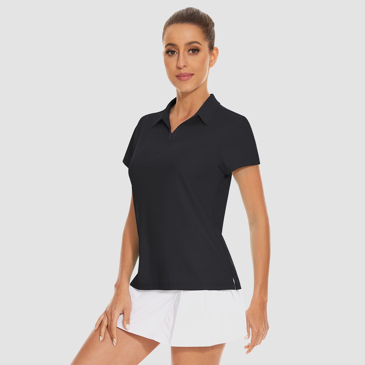 Women's golf polo shirt light blue V-neck collar UPF 50+ quick-dry 4-way stretch slim fit