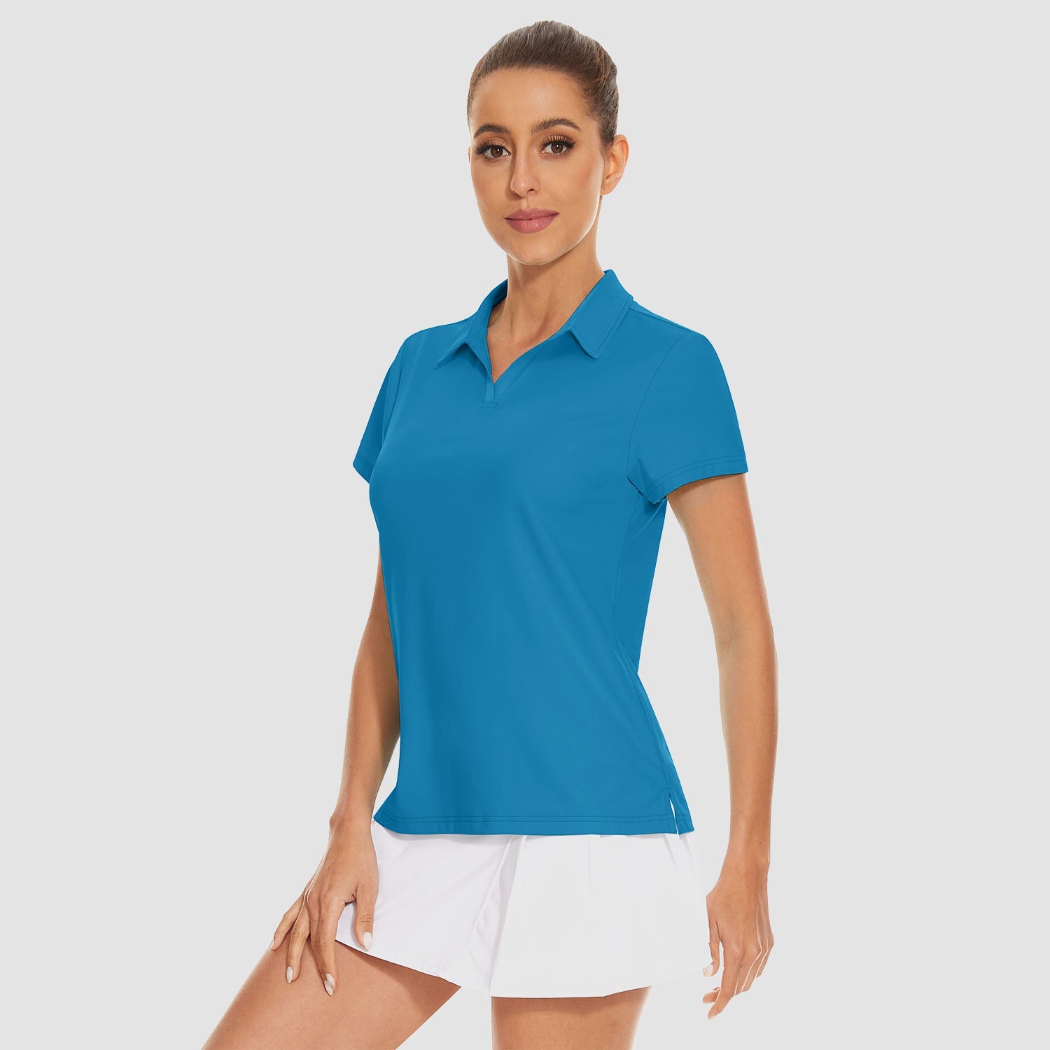 Women's golf polo shirt light blue V-neck collar UPF 50+ quick-dry 4-way stretch breathable fabric